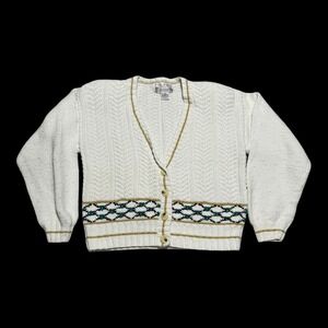 Vintage 90s Chrysantheme Cotton Blend White Cardigan‎ Sweater Women's M FLAW